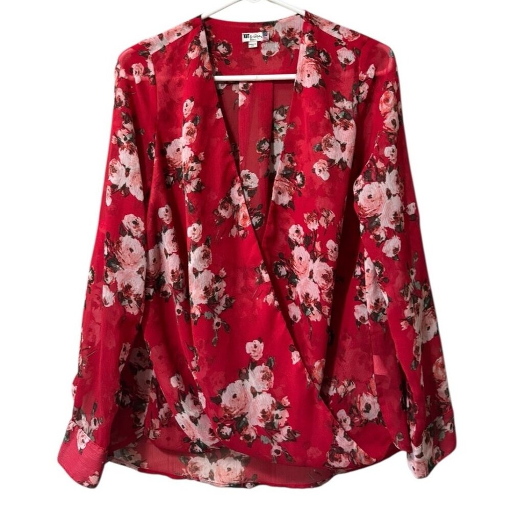 KUT From The Kloth Jenalee Surplice Wrap Blouse Sz Small Red Pink Floral